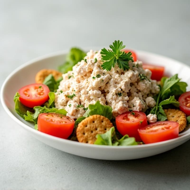 Tuna Salad with Cottage Cheese, Fresh Tomato, and Crispy Crackers