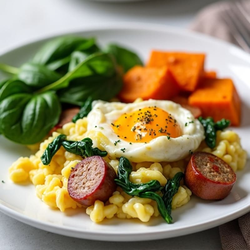 Egg White and Turkey Sausage Scramble with Sautéed Spinach and Sweet Potato