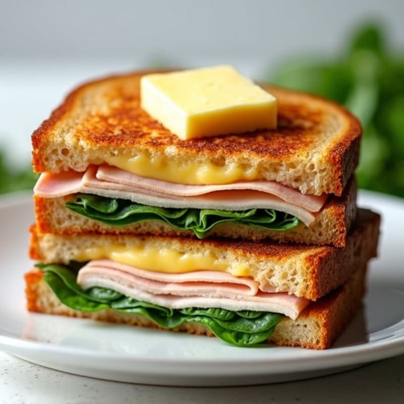 Crispy Whole Wheat Stacked Grilled Cheese with Sliced Turkey and Fresh Spinach