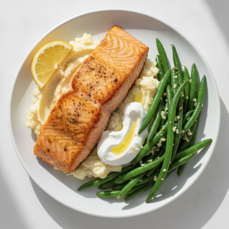 Seared Salmon with Garlic Green Beans and Mashed Cauliflower