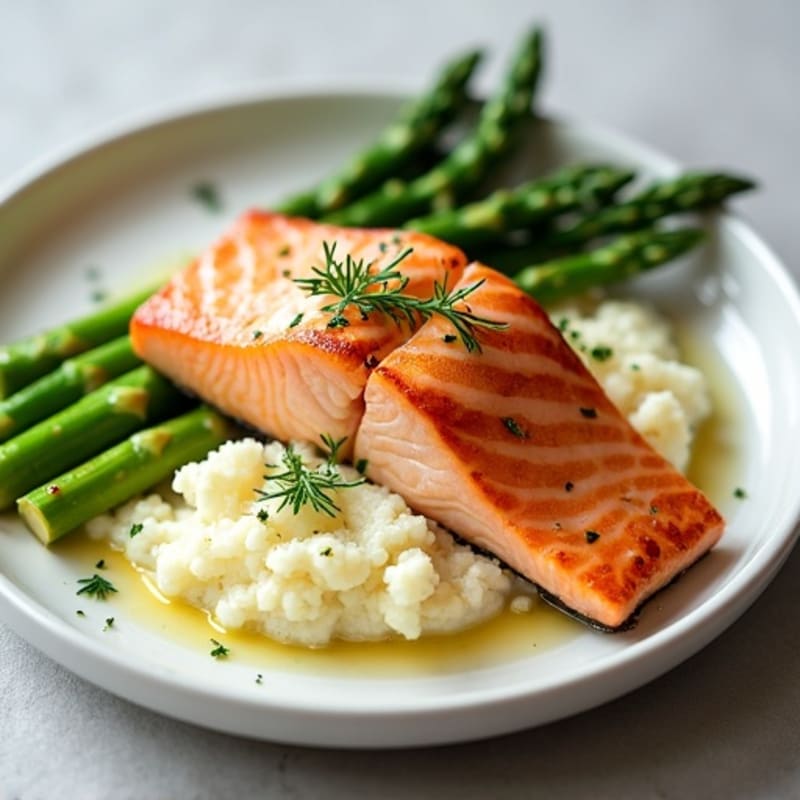 Seared Salmon Fillet with Steamed Asparagus and Garlic Mashed Cauliflower