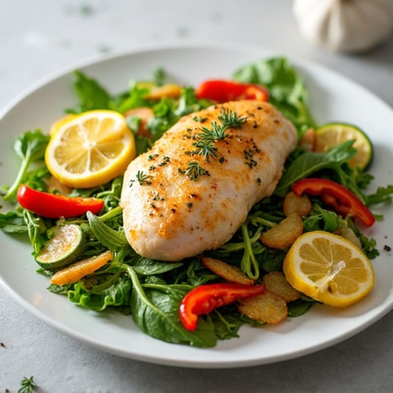 Lemon-Herb Roasted Chicken with Fresh Greens, Crispy Vegetables, and Tangy Lemon-Garlic Dressing