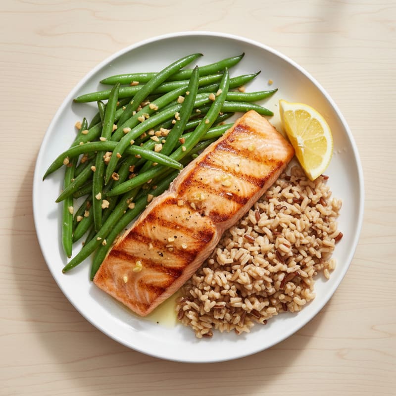 Seared Salmon with Garlic Green Beans and Brown Rice