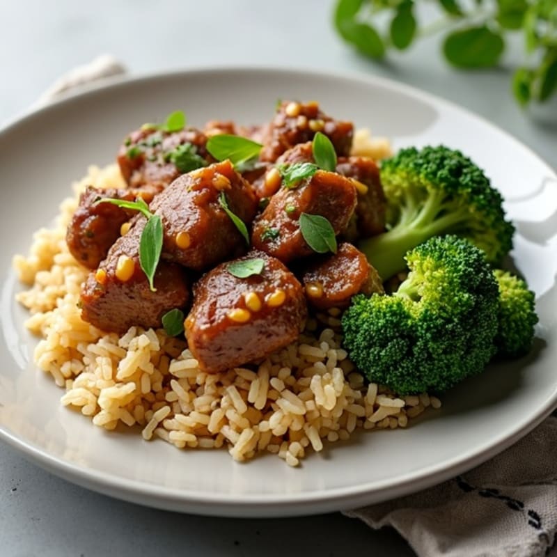 Garlic Ginger Lean Beef with Tender-Crisp Broccoli and Brown Rice