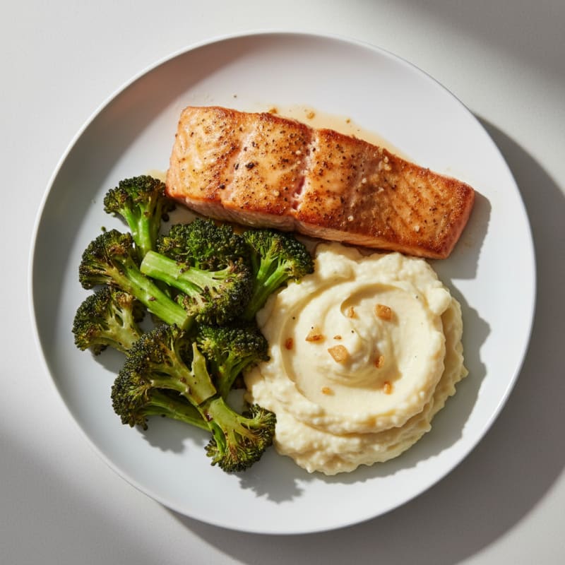 Seared Salmon Fillet with Roasted Broccoli and Garlic Mashed Cauliflower