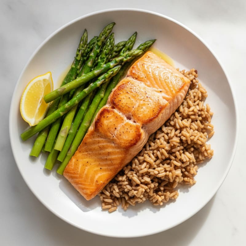 Seared Salmon with Steamed Asparagus and Brown Rice