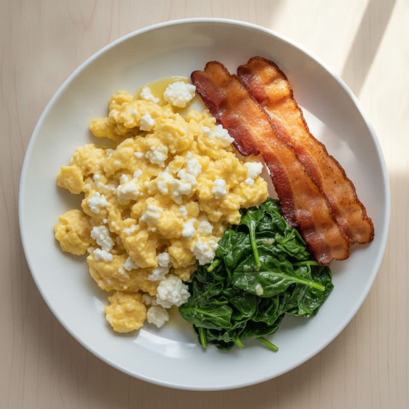 Creamy Cottage Cheese Scramble with Turkey Bacon and Sautéed Spinach