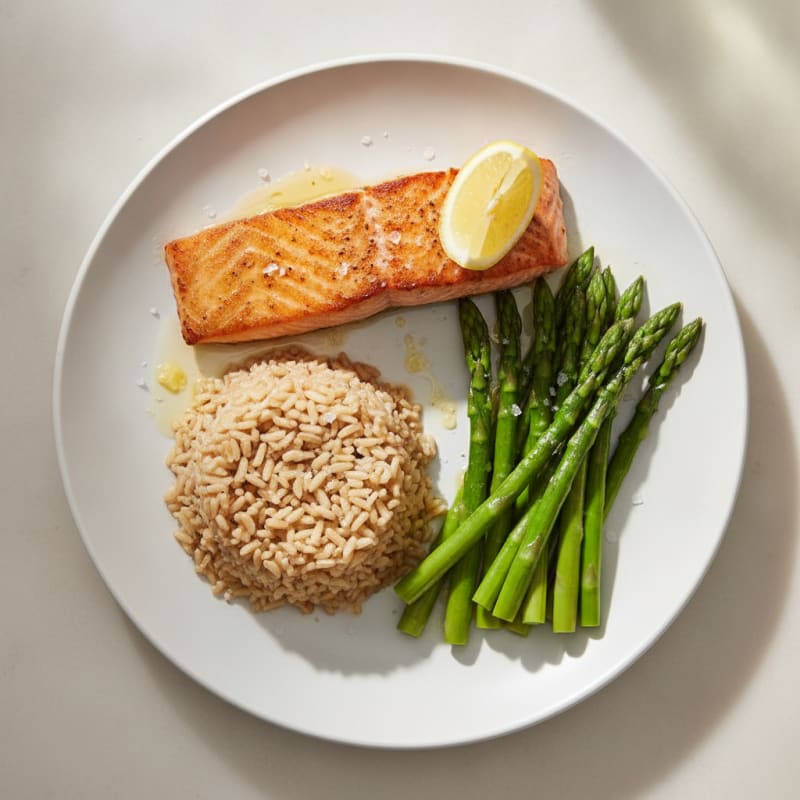 Seared Salmon with Steamed Asparagus and Brown Rice