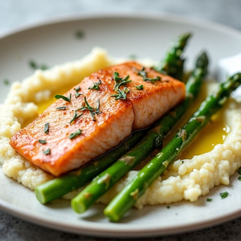 Seared Salmon with Steamed Asparagus and Cauliflower Mash