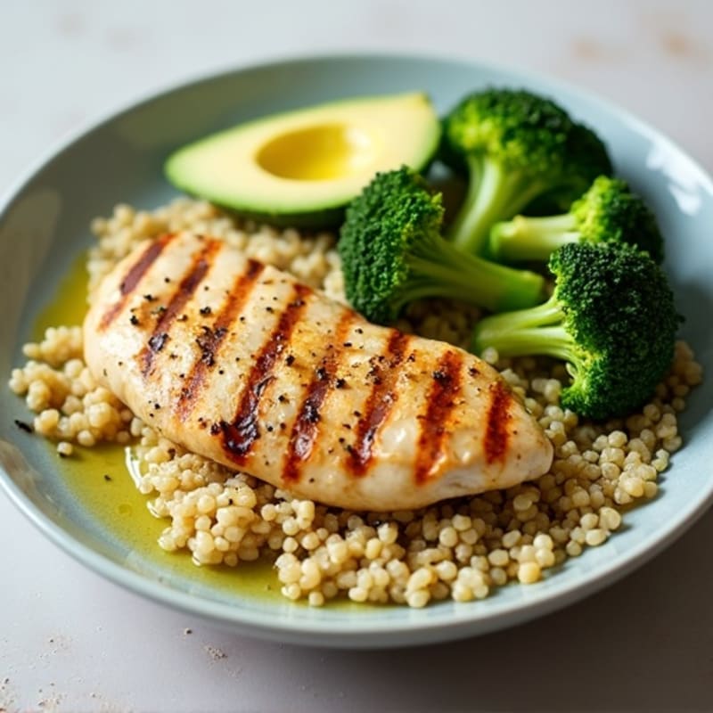 Grilled Lemon Garlic Chicken Breast with Quinoa and Steamed Broccoli