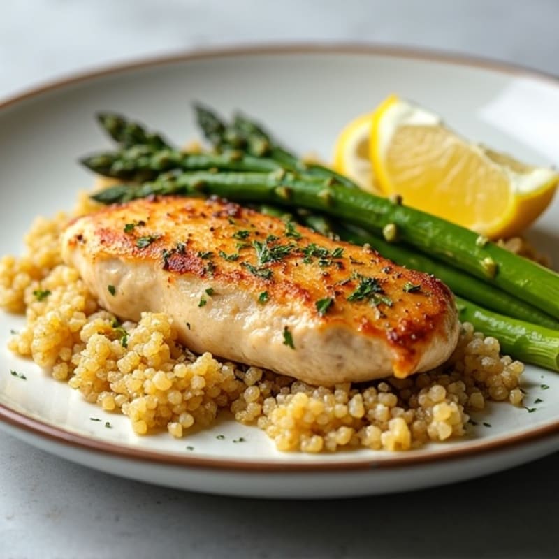 Lemon-Garlic Pan-Seared Chicken with Roasted Asparagus and Quinoa