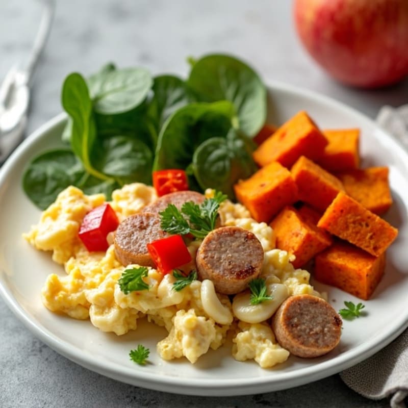 Egg White and Turkey Sausage Scramble with Roasted Sweet Potatoes