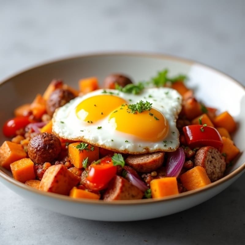 Crispy Sweet Potato Hash with Eggs and Lean Chicken Sausage