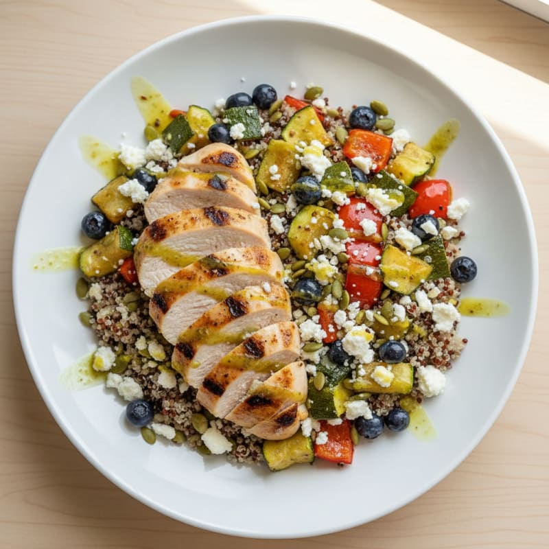 Grilled Chicken and Roasted Vegetable Quinoa Bowl with Feta