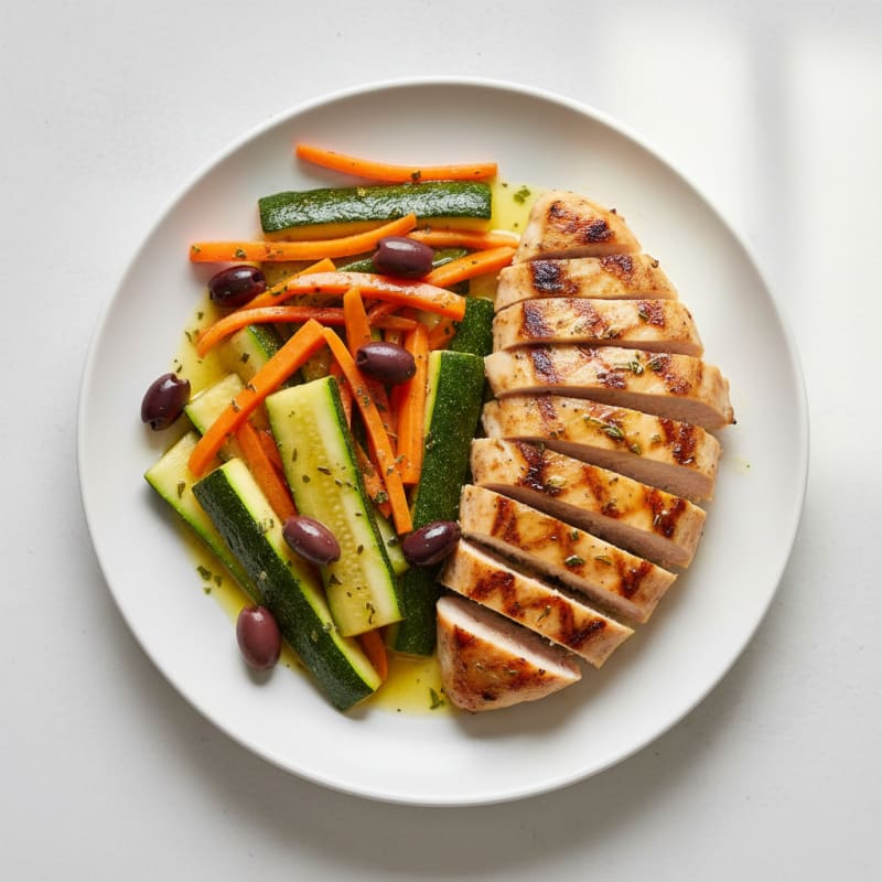 Grilled Chicken Breast with Zucchini and Olive-Carrot Salad
