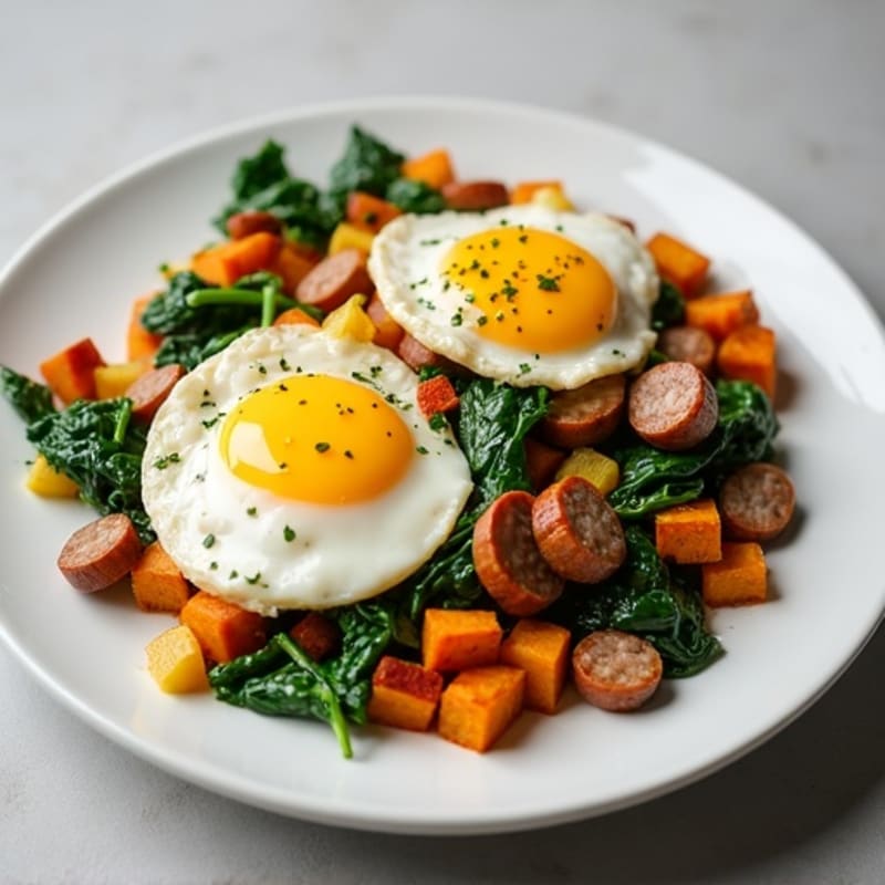 Egg White and Turkey Sausage Scramble with Spinach and Roasted Sweet Potatoes