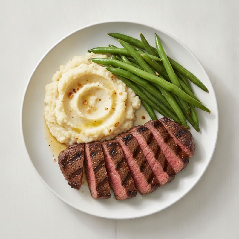 Seared Lean Beef with Steamed Green Beans and Cauliflower Mash