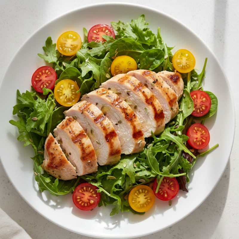 Grilled Turkey Breast over Mixed Greens with Cherry Tomatoes