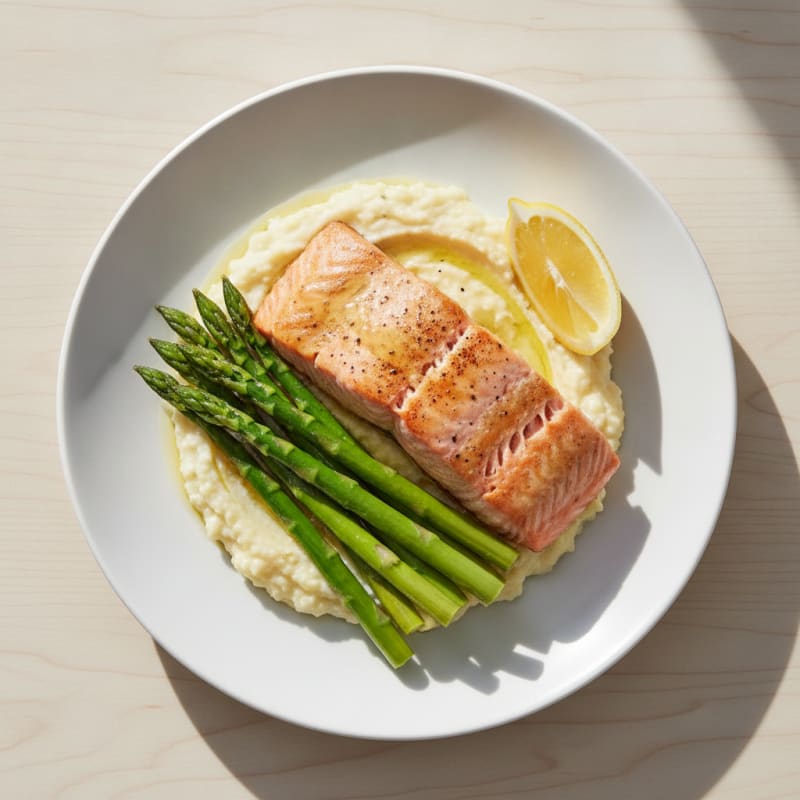 Seared Salmon with Steamed Asparagus and Cauliflower Mash