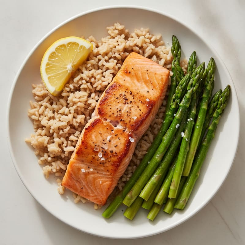 Seared Salmon Fillet with Steamed Asparagus and Brown Rice