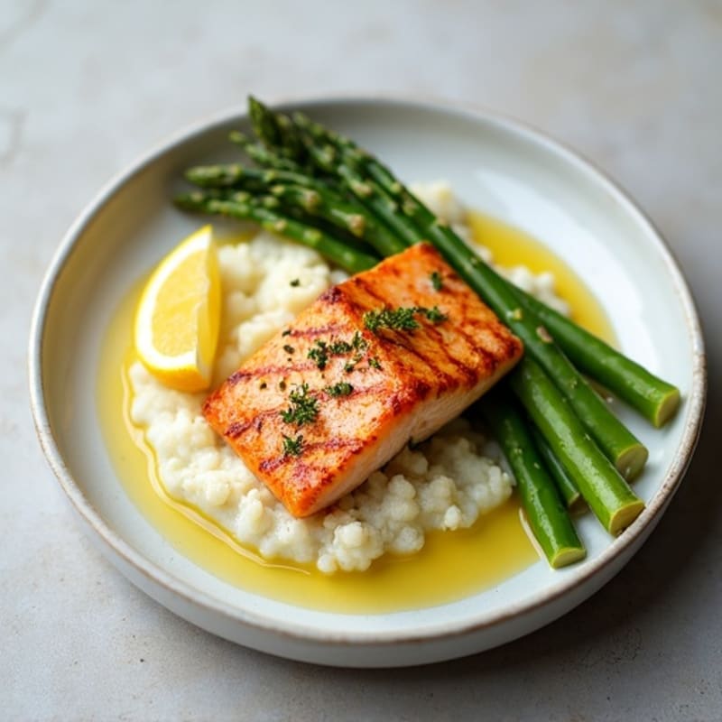 Seared Salmon with Steamed Asparagus and Cauliflower Mash