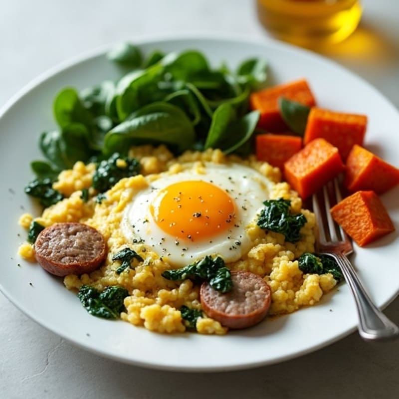 Egg White and Turkey Sausage Scramble with Spinach and Roasted Sweet Potatoes