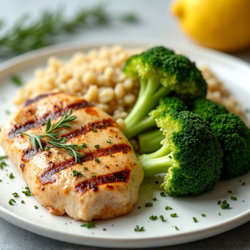 Grilled Lemon Herb Chicken Breast with Quinoa and Steamed Broccoli