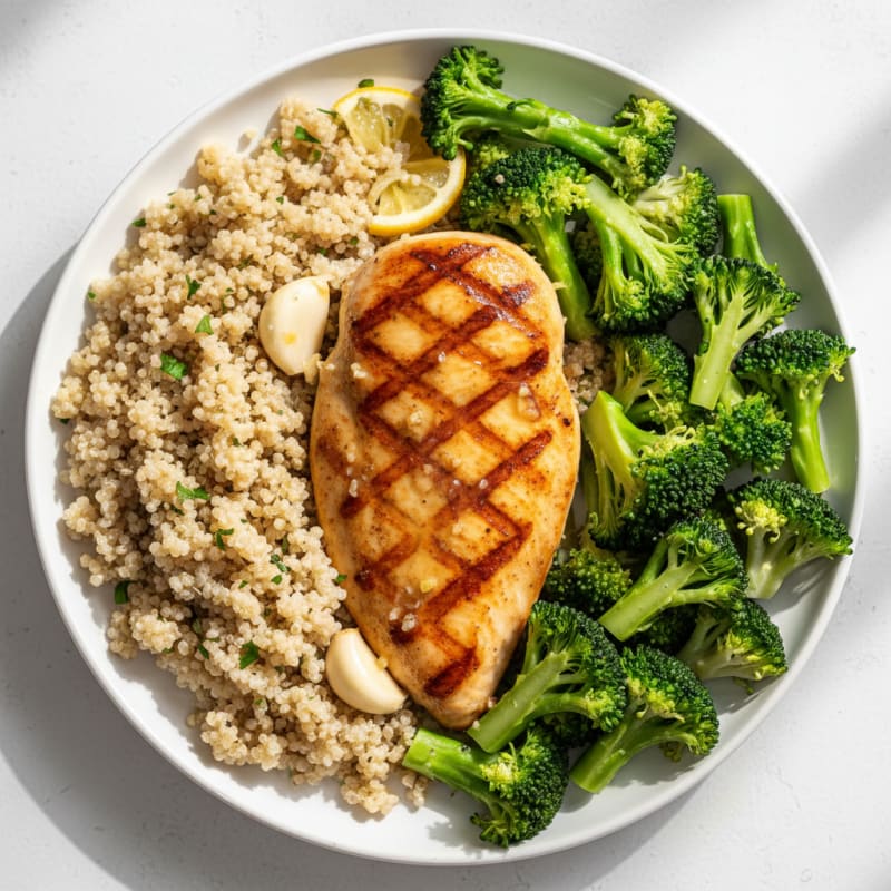 Grilled Lemon-Garlic Chicken Breast with Quinoa and Steamed Broccoli