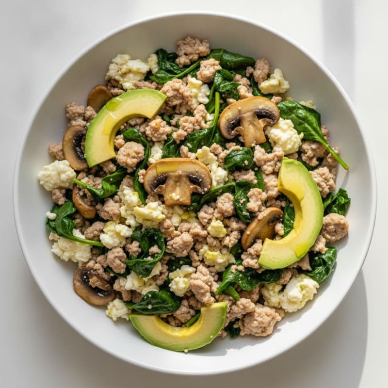 Egg White and Turkey Spinach Scramble with Sautéed Mushrooms