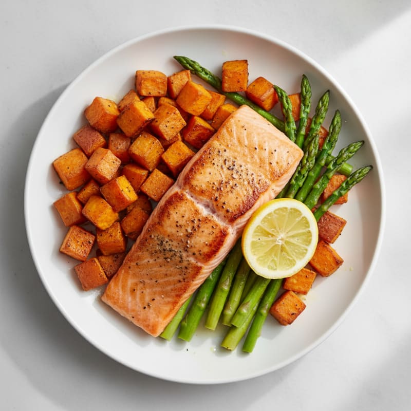 Seared Salmon with Roasted Sweet Potatoes and Asparagus