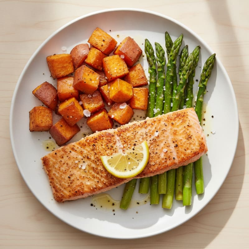 Seared Salmon with Roasted Sweet Potatoes and Asparagus