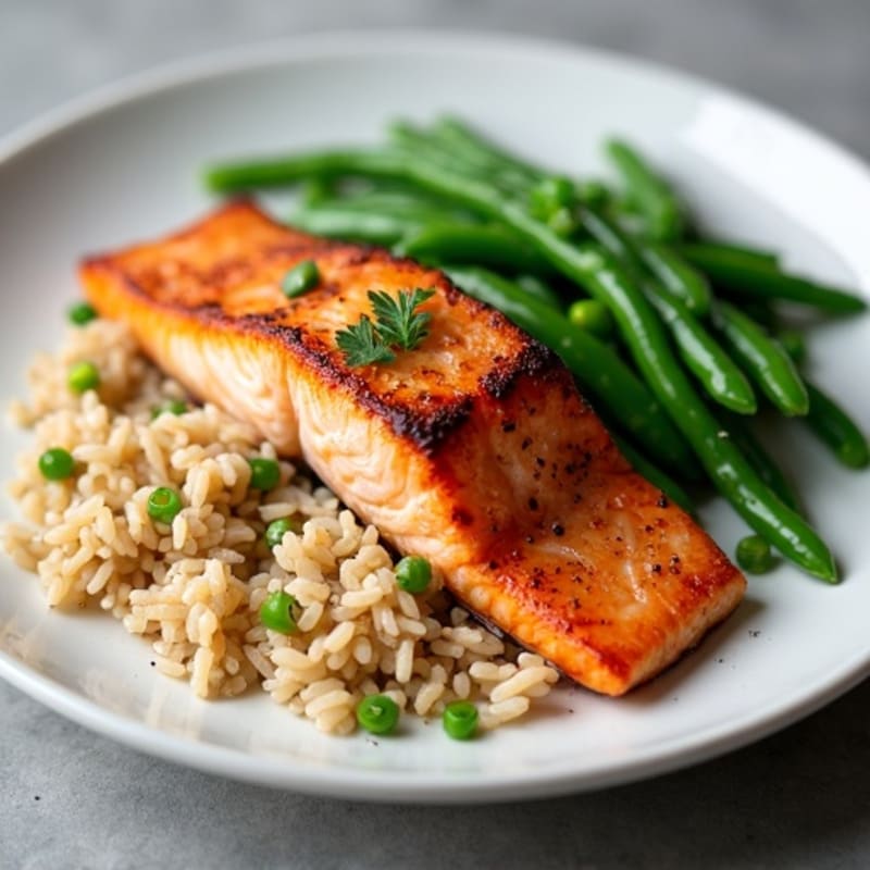 Seared Salmon with Steamed Green Beans and Brown Rice