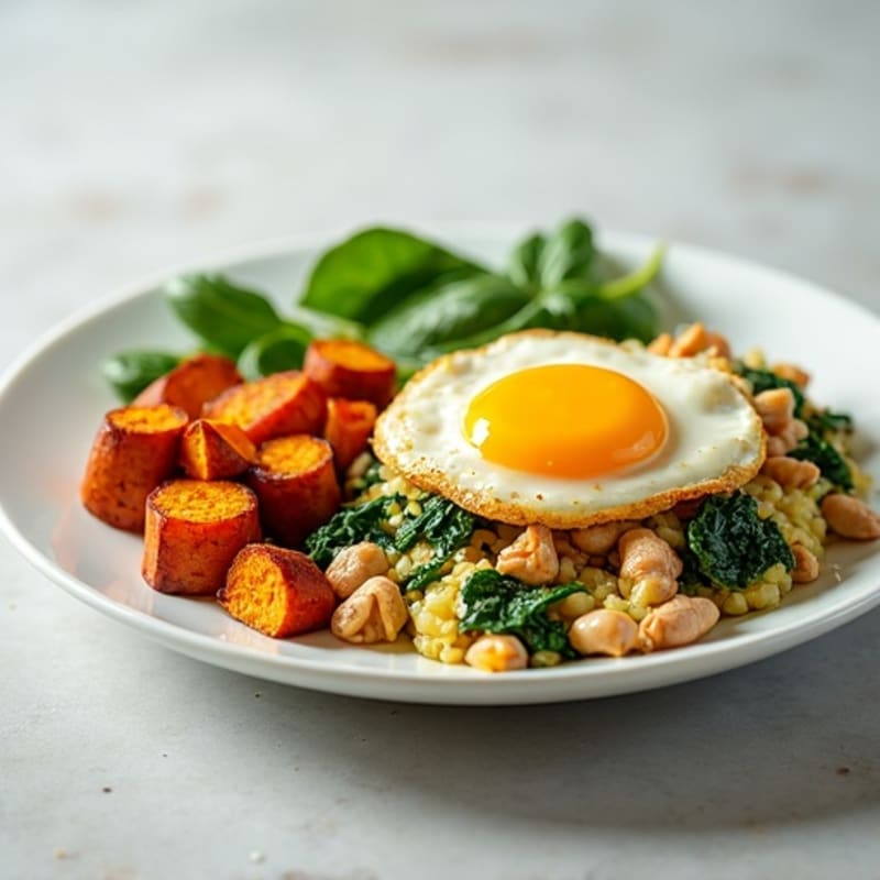 Egg White and Turkey Spinach Scramble with Roasted Sweet Potatoes