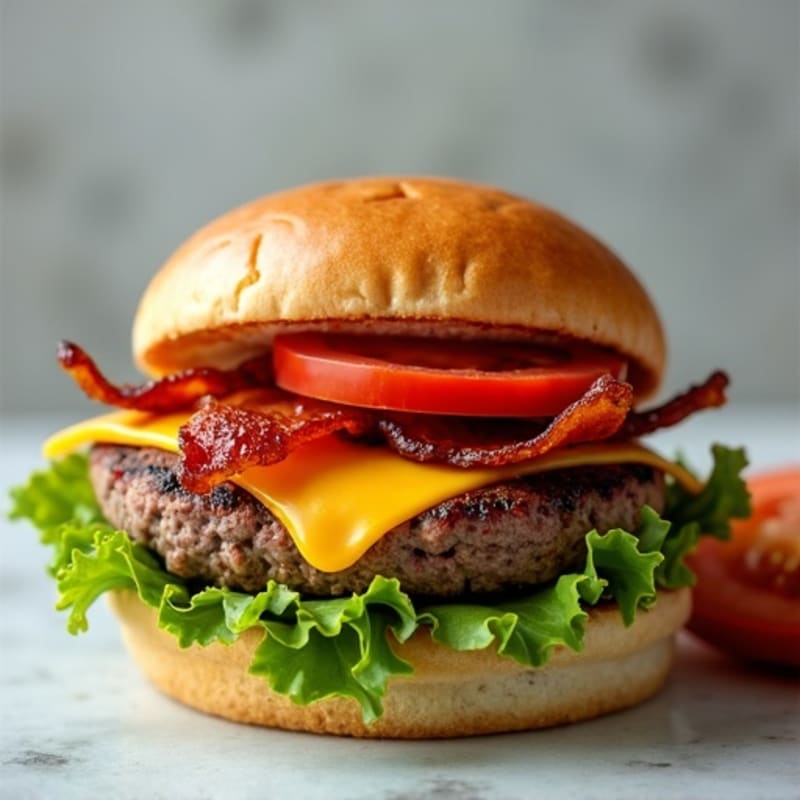 Lean Beef Burger with Crispy Bacon and Melty Cheddar