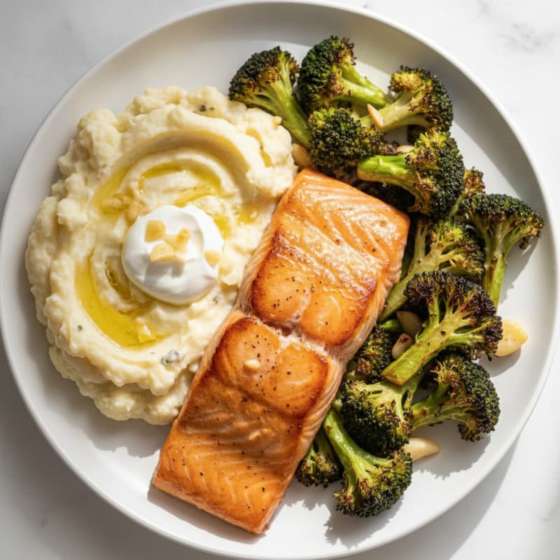 Seared Salmon Fillet with Roasted Broccoli and Garlic Mashed Cauliflower