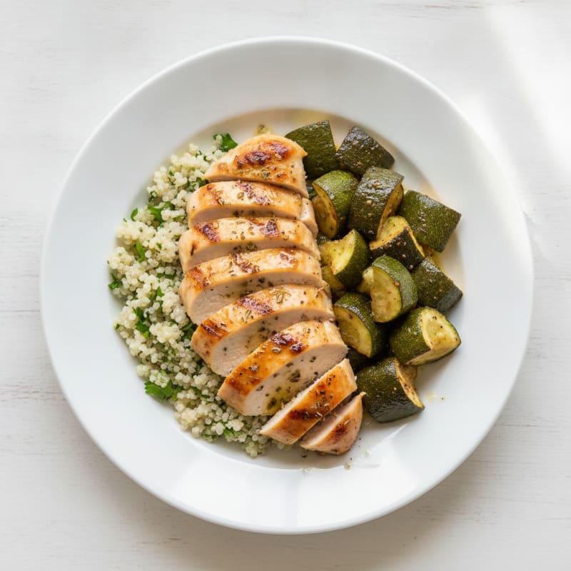Grilled Lemon Herb Chicken Breast with Quinoa and Roasted Zucchini