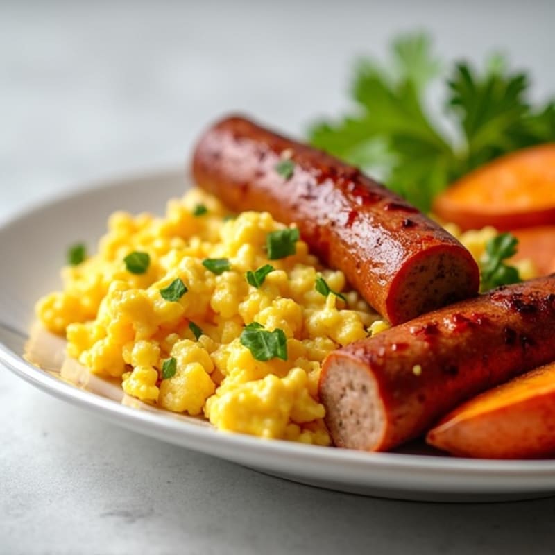Egg White Scramble with Turkey Sausage and Roasted Sweet Potatoes