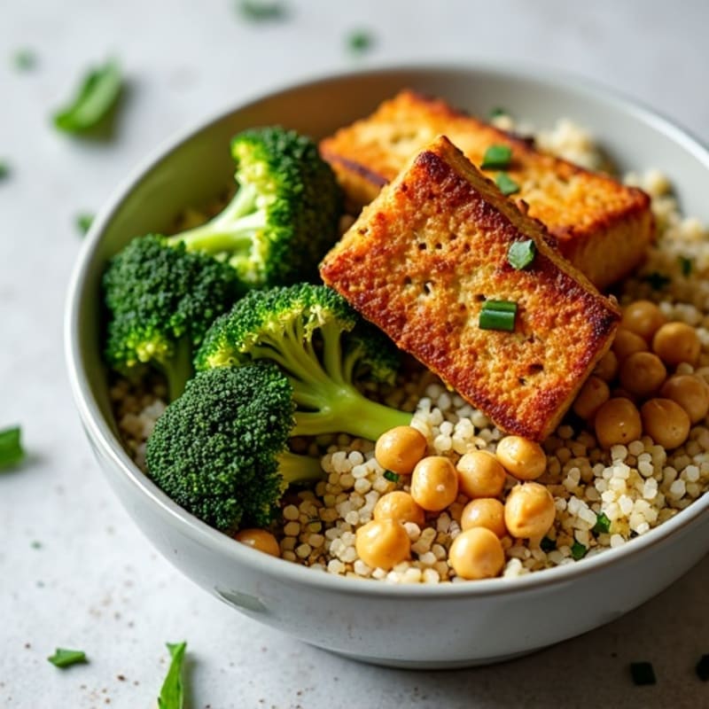Crispy Tofu Power Bowl with Quinoa and Roasted Broccoli