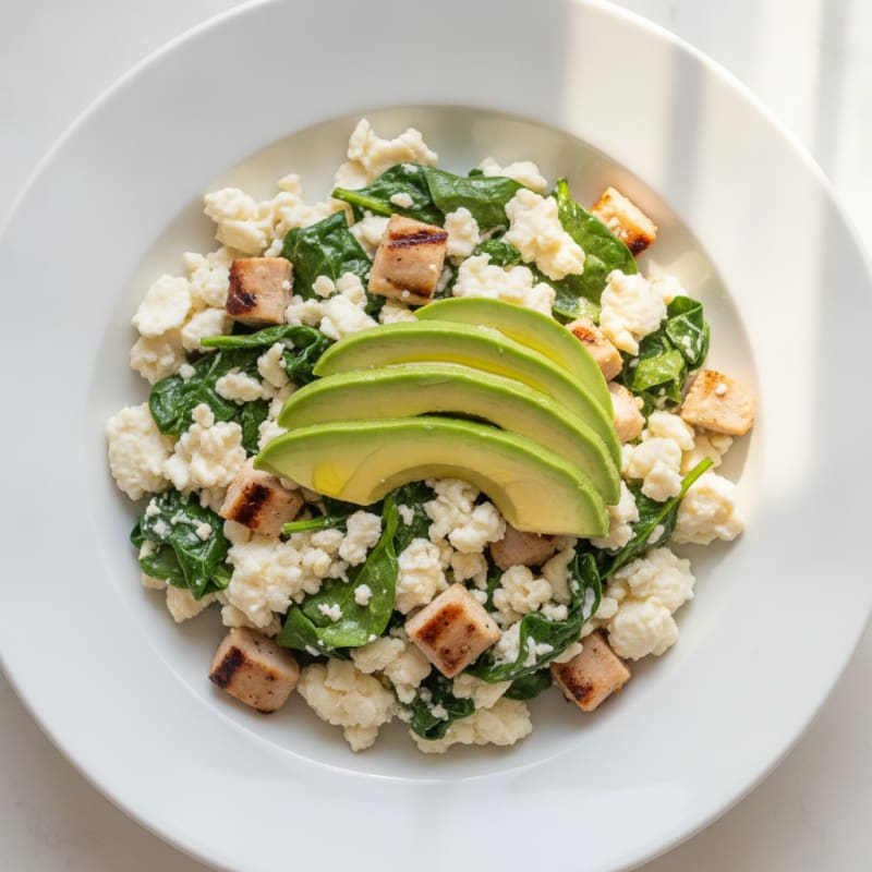 Egg White Scramble with Grilled Turkey Breast and Fresh Spinach