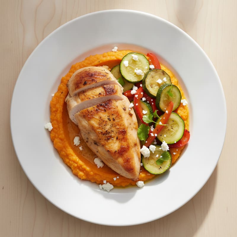 Herb-Roasted Chicken Breast with Carrot Mash and Sautéed Vegetables