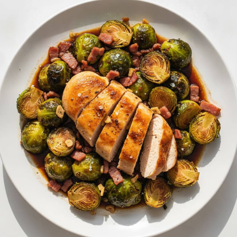 Balsamic-Glazed Brussels Sprouts with Pancetta and Roasted Chicken