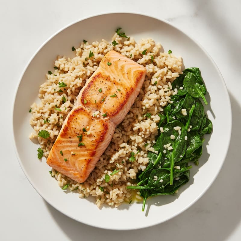Seared Salmon with Garlic Spinach and Herb Rice