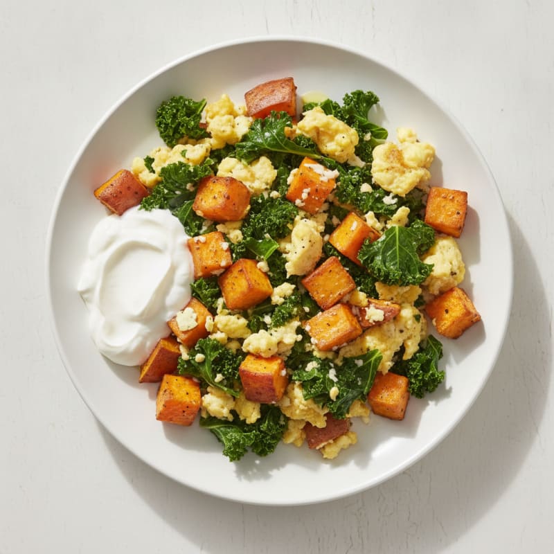 Egg and Kale Scramble with Sautéed Sweet Potatoes and Greek Yogurt