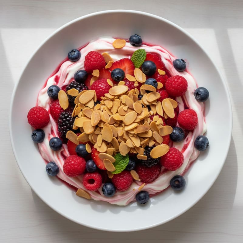 Greek Yogurt Protein Parfait with Mixed Berries and Almonds