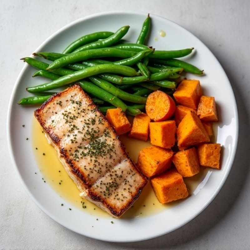 Flaky Seared Tuna with Roasted Sweet Potatoes and Green Beans