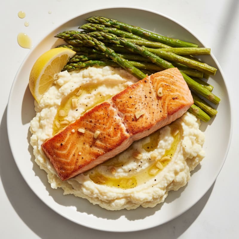 Seared Salmon with Roasted Asparagus and Cauliflower Mash