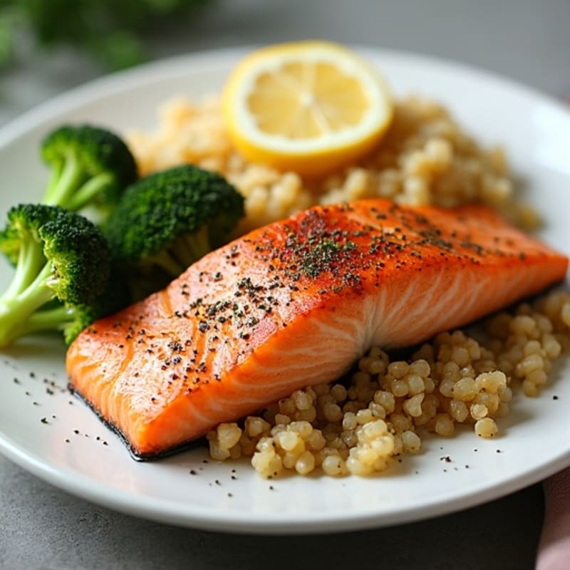 Seared Salmon with Roasted Broccoli and Quinoa