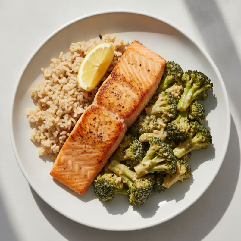 Seared Salmon with Creamy Garlic Broccoli and Brown Rice