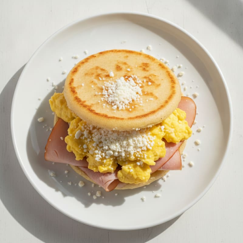 Protein-Packed Arepa with Scrambled Eggs and Turkey Ham