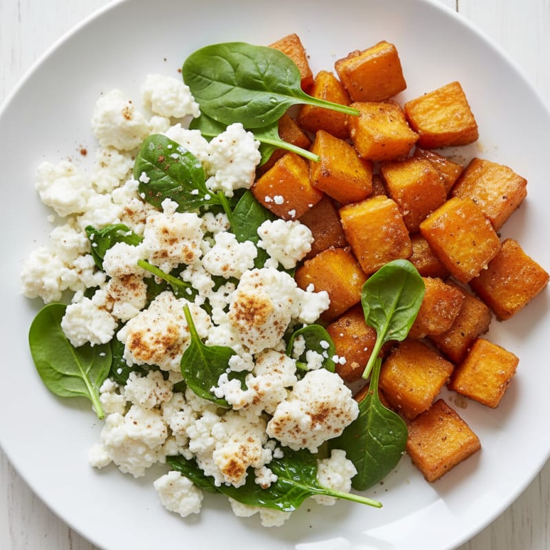 Egg White and Cottage Cheese Scramble with Roasted Sweet Potatoes